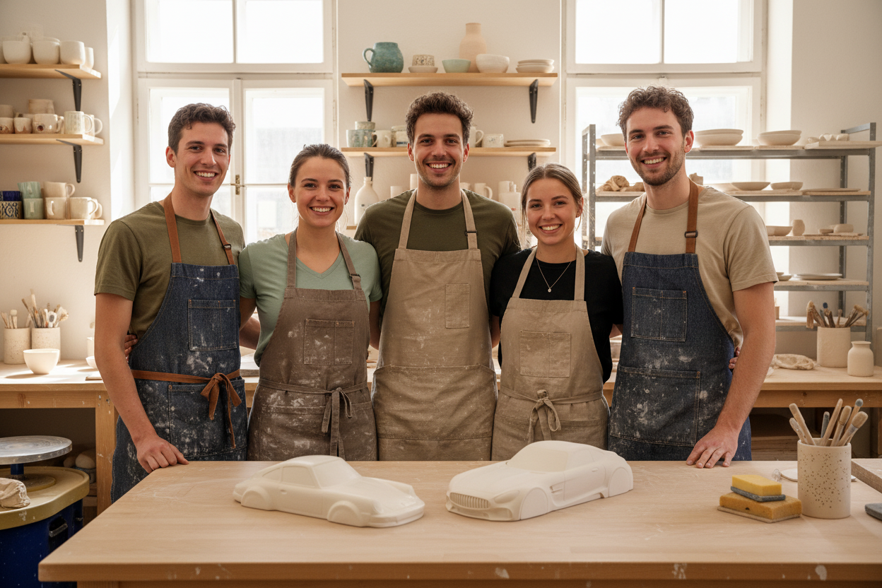 Freundliches Team mit Keramikautos